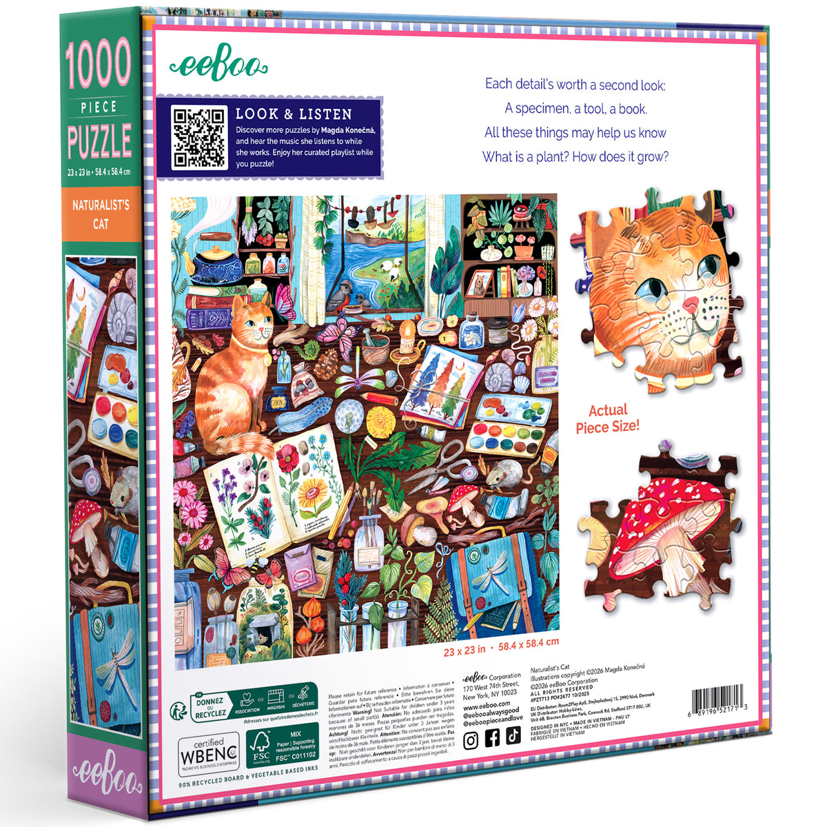 Naturalist's Cat 1000 Piece Puzzle by eeBoo featuring orange cat surrounded by plants and art supplies