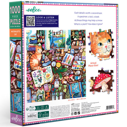 Naturalist's Cat 1000 Piece Puzzle by eeBoo featuring orange cat surrounded by plants and art supplies