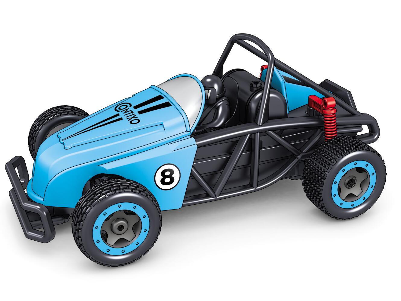 Contixo SC8 Buggy blue RC car with black frame, number 8 decal, and red suspension