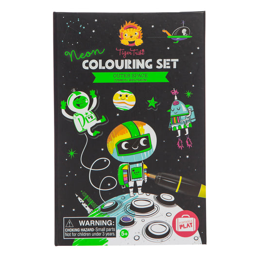 Neon Tiger Tribe Outer Space Colouring Set package featuring colorful cartoon astronauts, planets, and stars on black background with markers and stickers