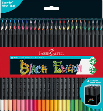 Faber-Castell Black Edition 50 color pencils set with black barrels and colored tips, includes pencil holder