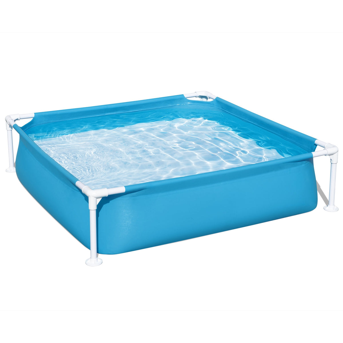 Blue rectangular frame pool filled with water, white corner support legs, on plain background