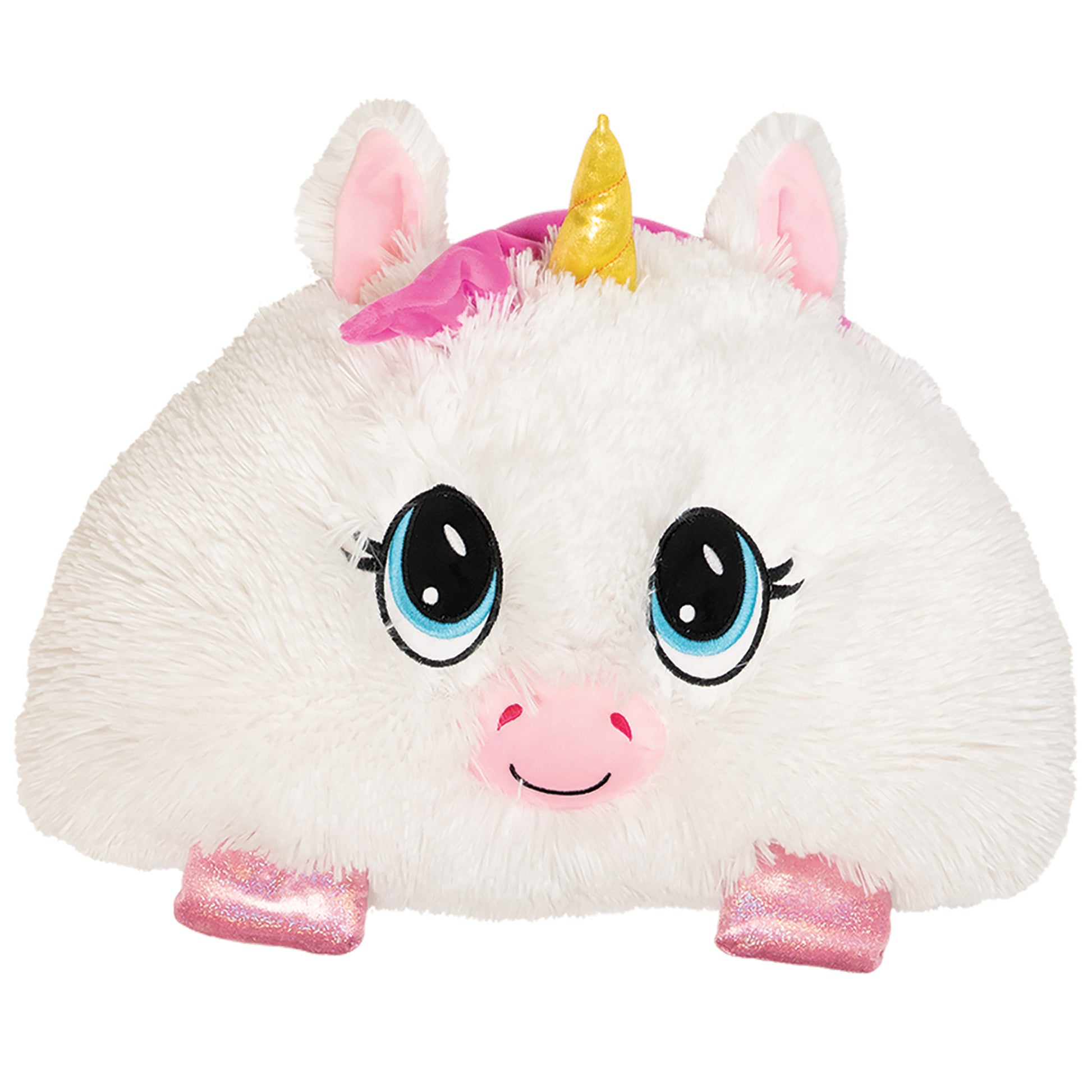 White plush unicorn pillow with pink inner ears, blue eyes with black lashes, pink nose, gold glitter horn, pink feathered mane, and pink glitter hooves