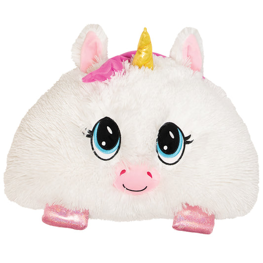 White plush unicorn pillow with pink inner ears, blue eyes with black lashes, pink nose, gold glitter horn, pink feathered mane, and pink glitter hooves