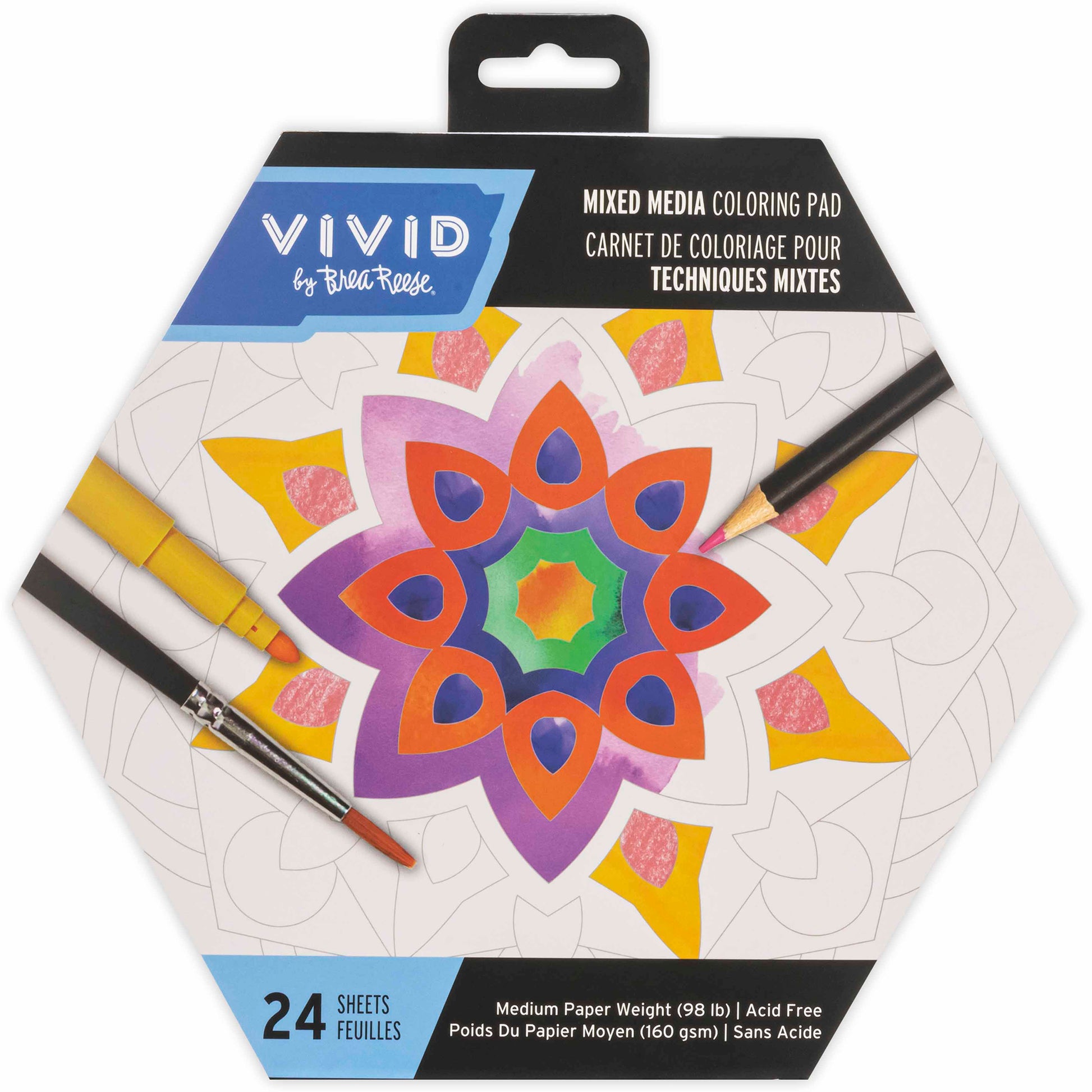 VIVID Mixed Media Coloring Pad with mandala design, markers, and brush included