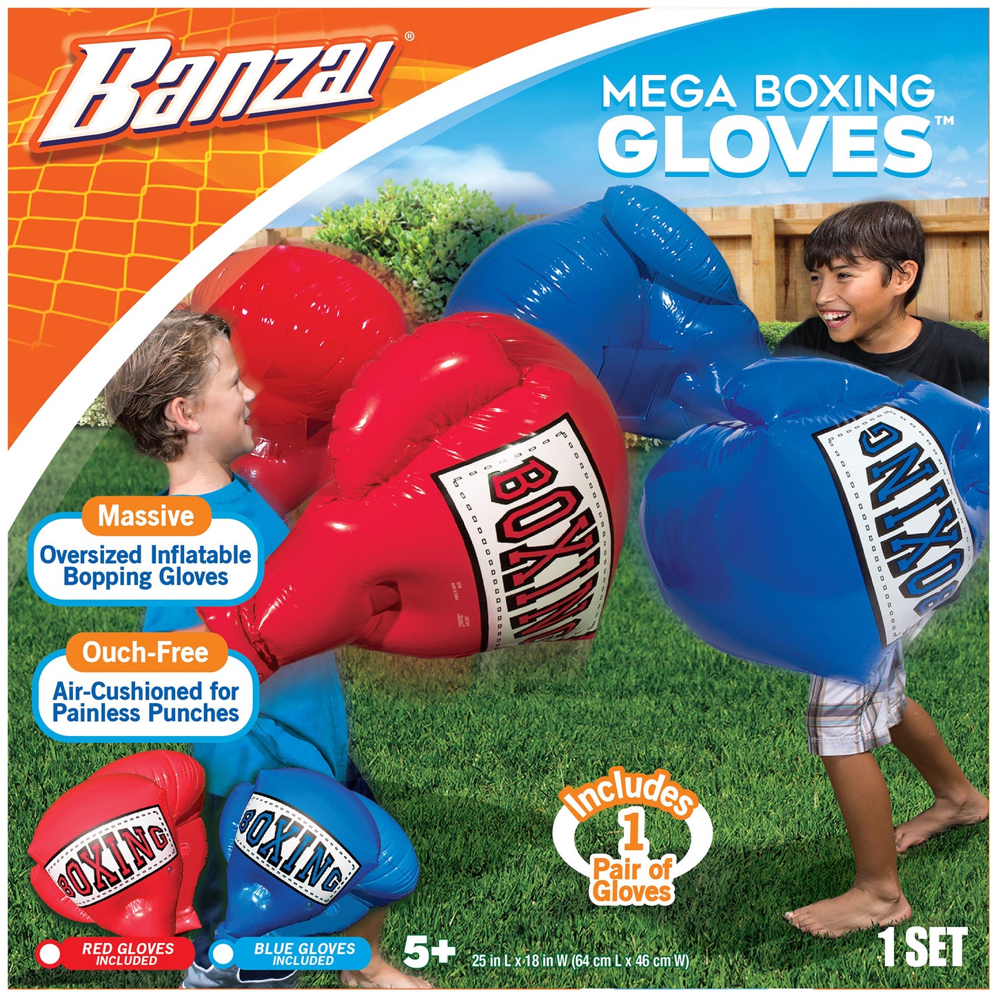 Banzai Mega Boxing Gloves product packaging showing two children on grass wearing oversized red and blue inflatable boxing gloves, includes one pair of gloves