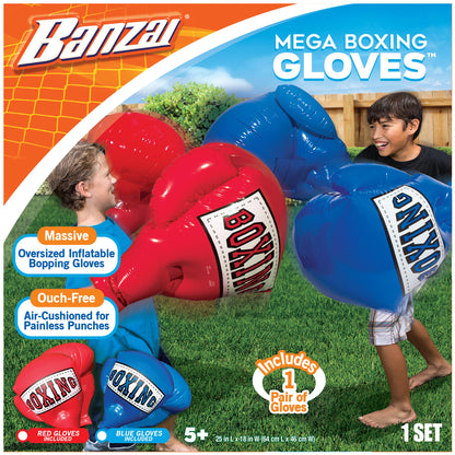 Banzai Mega Boxing Gloves product packaging showing two children on grass wearing oversized red and blue inflatable boxing gloves, includes one pair of gloves