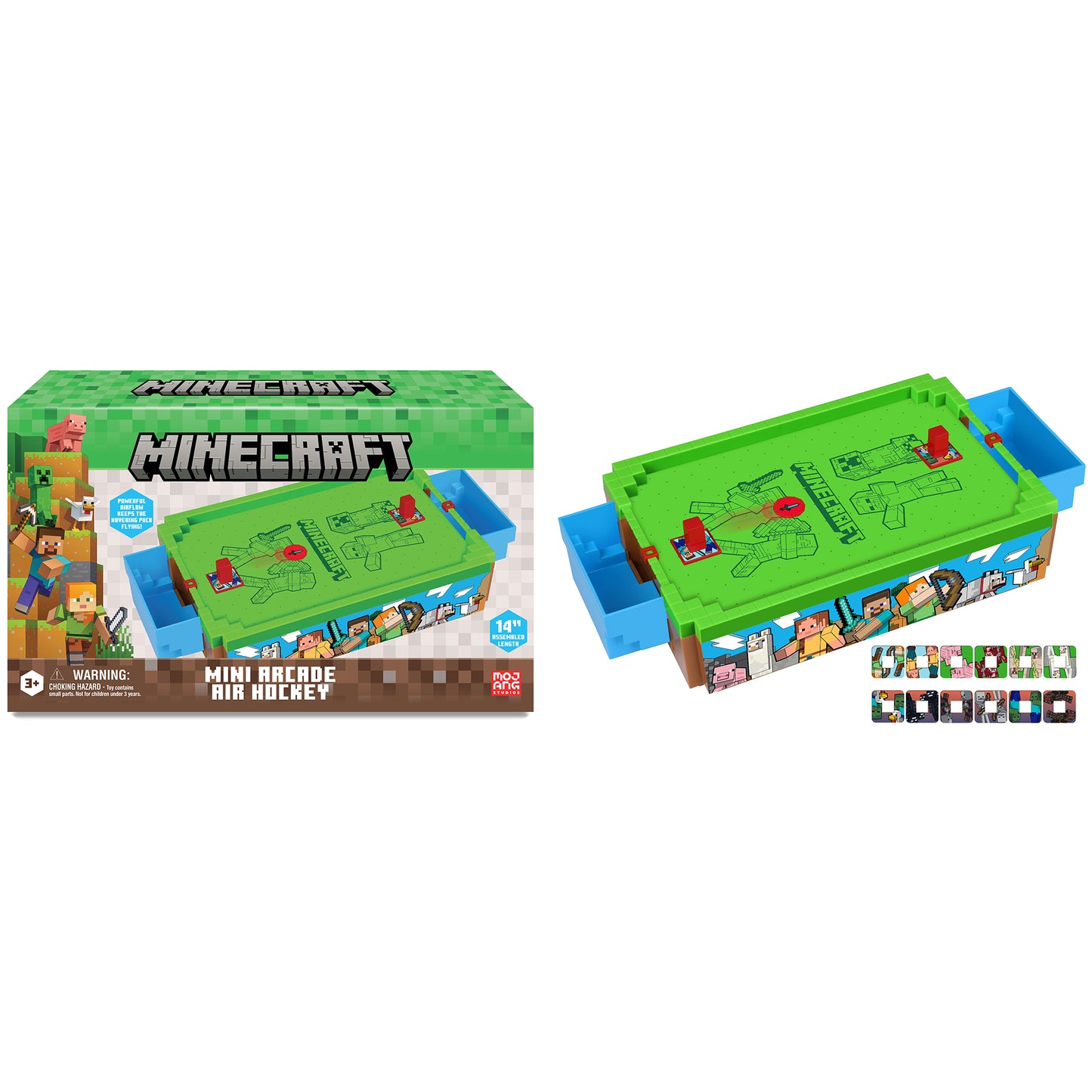 Minecraft Mini Air Hockey game with green playing surface and blue goals, 14 inches