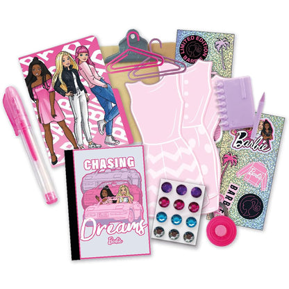 Barbie Design Activity Locker set with notebook, hangers, gems, pen, and accessories in pink