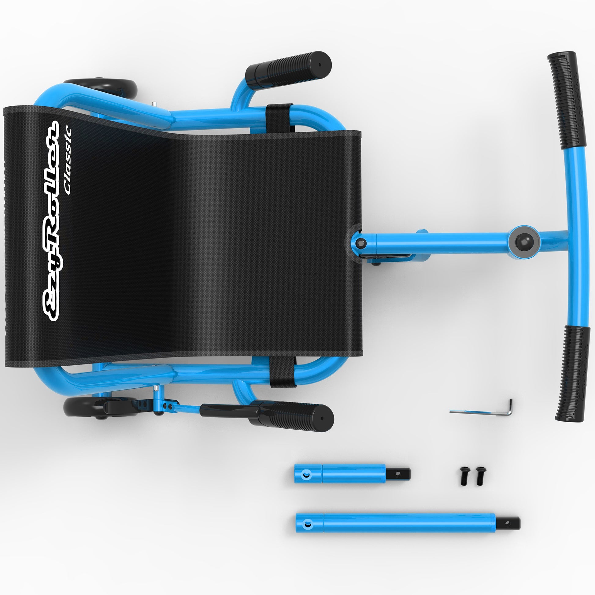 EzyRoller Classic Aqua Blue ride-on toy with blue frame, black seat, and included accessories