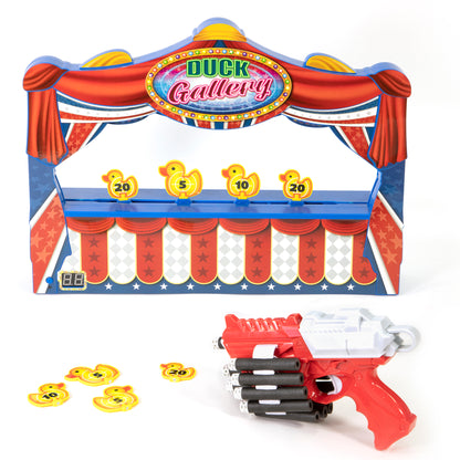 Duck Shooting Gallery retro arcade toy with red gun and yellow duck targets