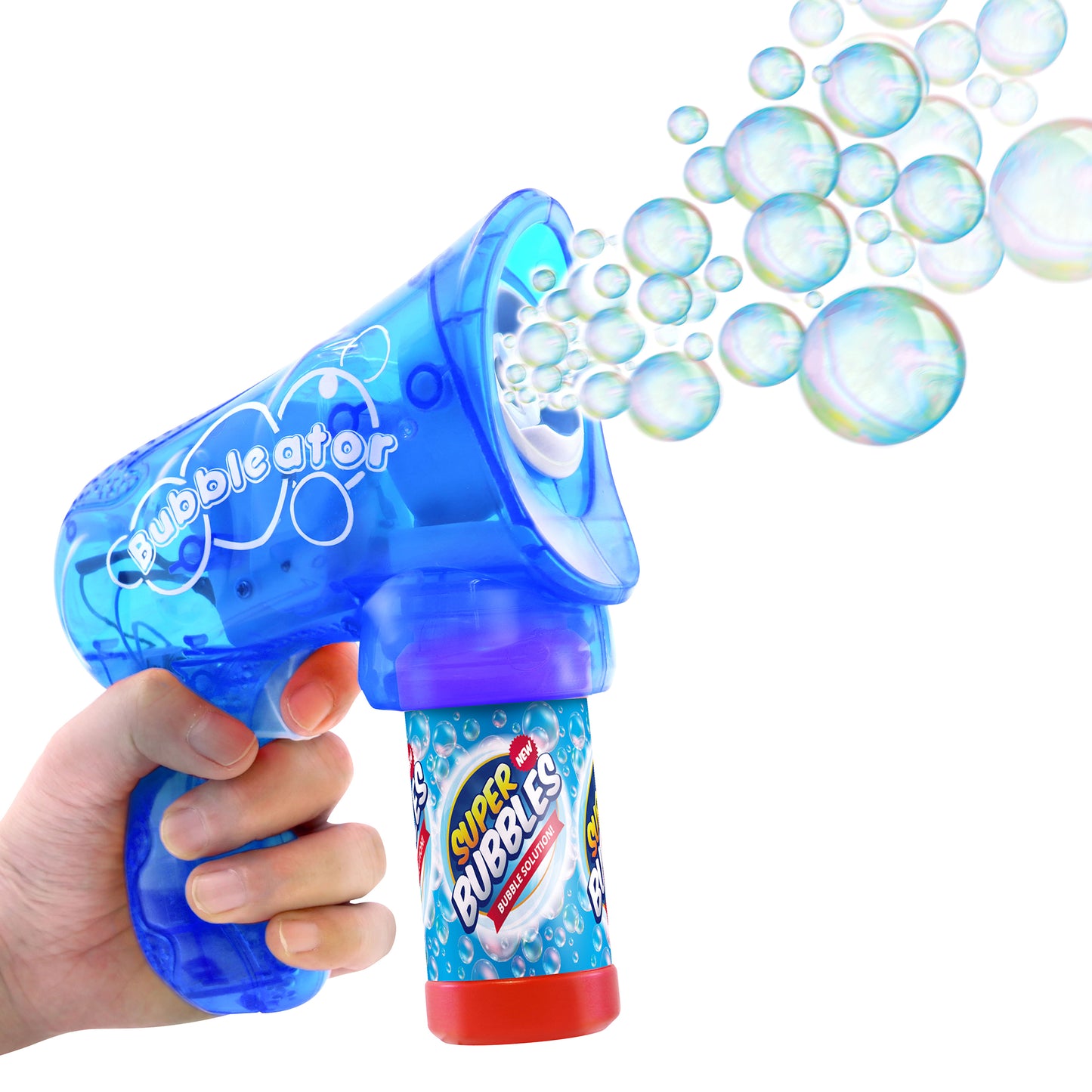 Bubble-ator blue bubble gun blowing colorful bubbles in hand