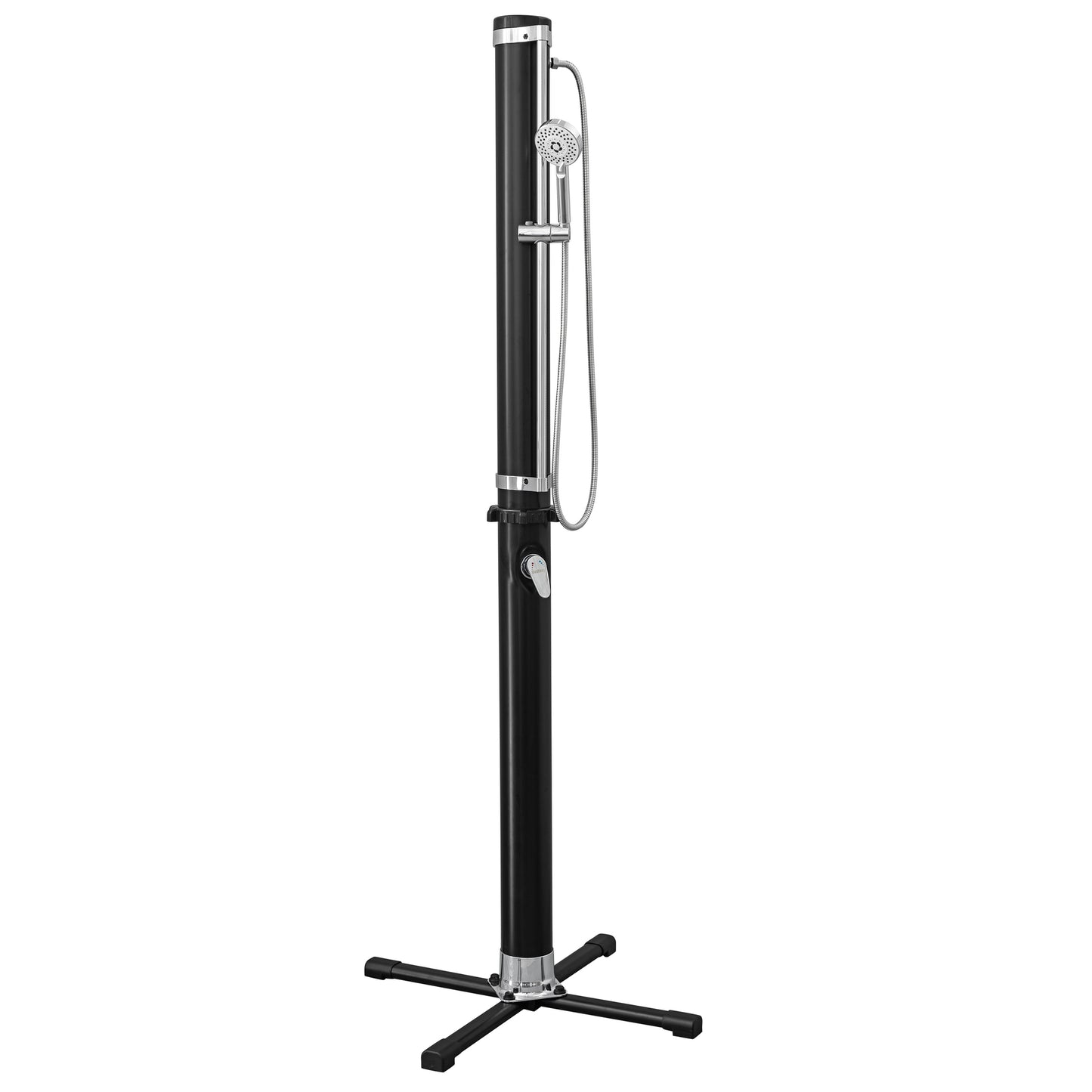 Black outdoor solar shower with tall cylindrical tank, chrome showerhead, handheld spray wand, and cross-base stand