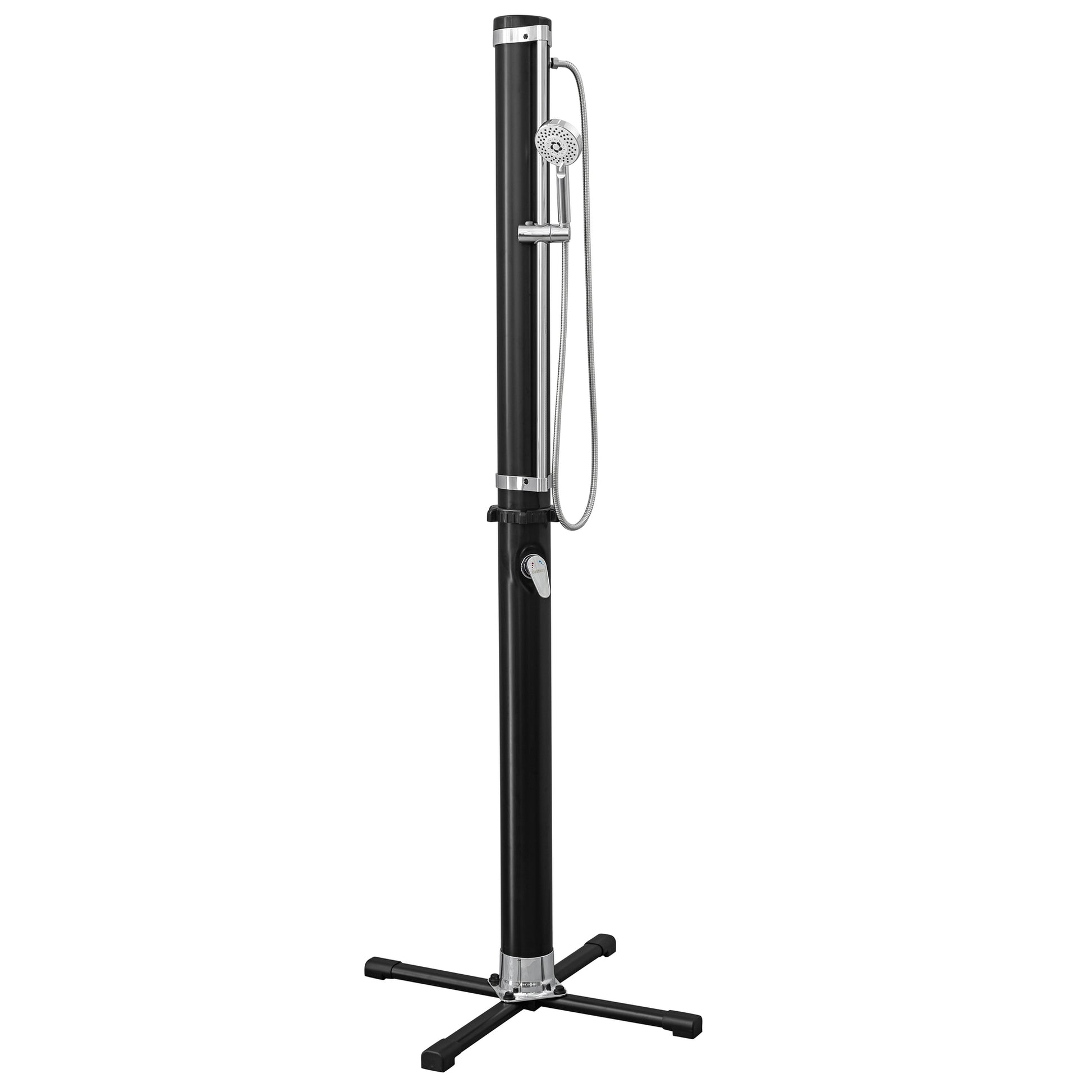 Black outdoor solar shower with tall cylindrical tank, chrome showerhead, handheld spray wand, and cross-base stand