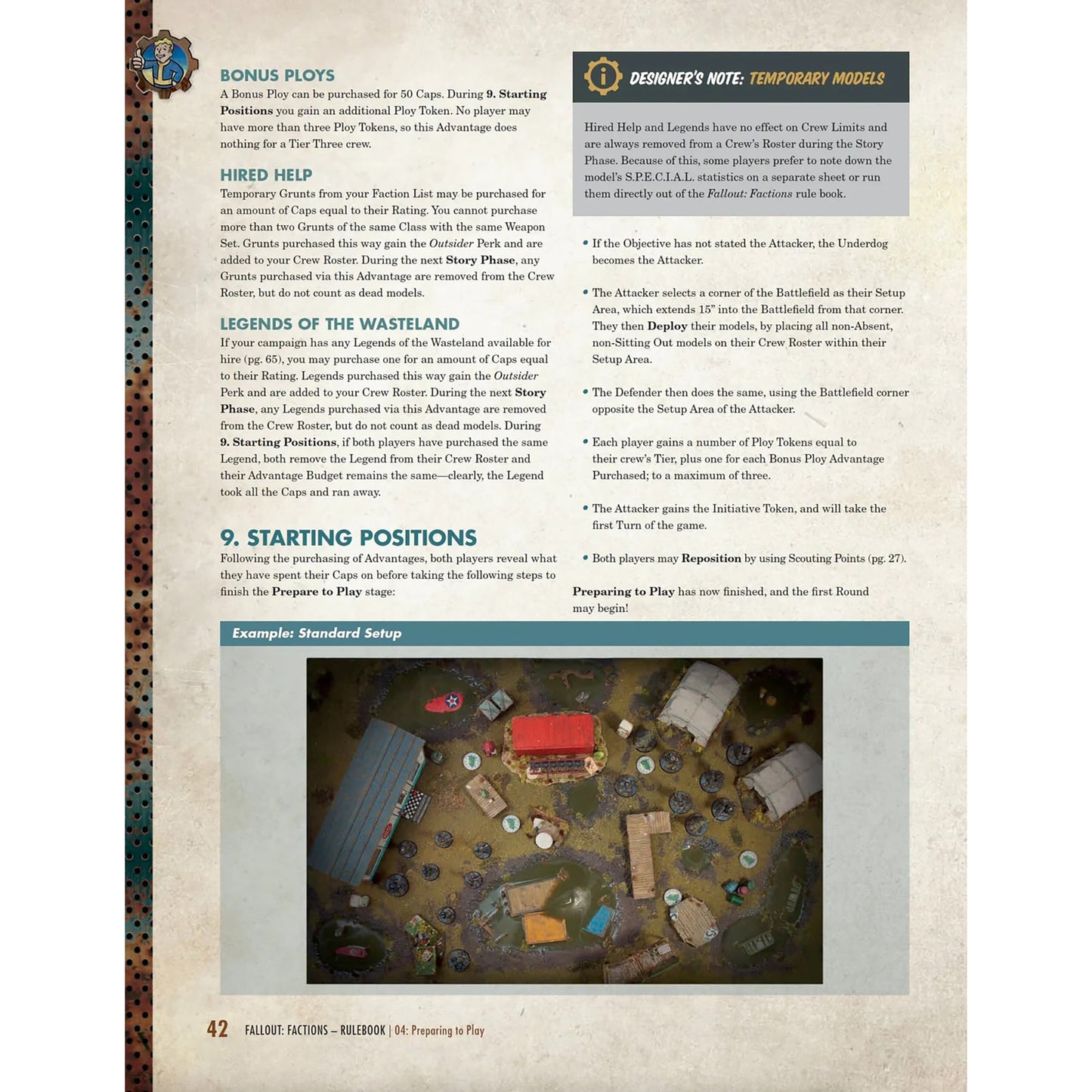Fallout: Factions Core Rulebook page 42 showing game setup with miniatures and battlefield terrain