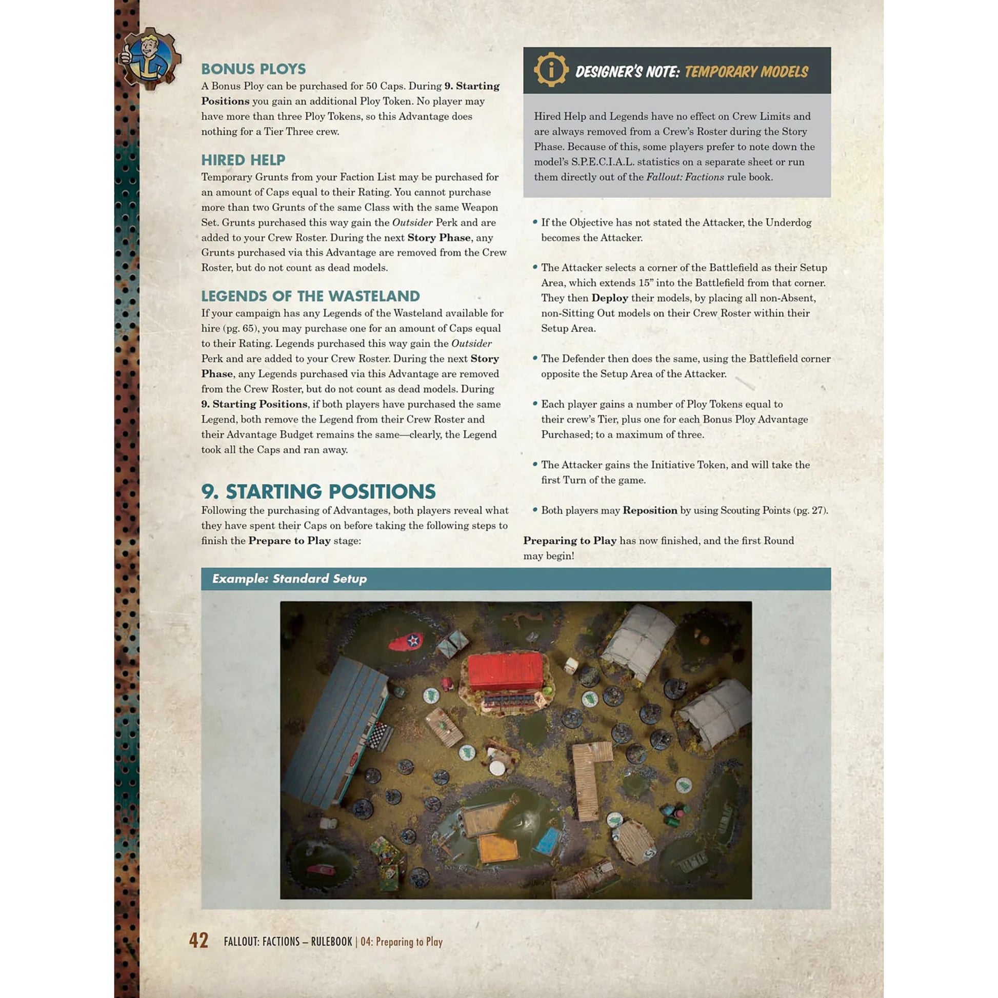 Fallout: Factions Core Rulebook page 42 showing game setup with miniatures and battlefield terrain