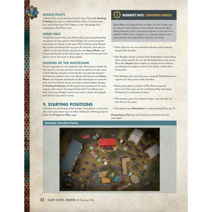 Fallout: Factions Core Rulebook page 42 showing game setup with miniatures and battlefield terrain