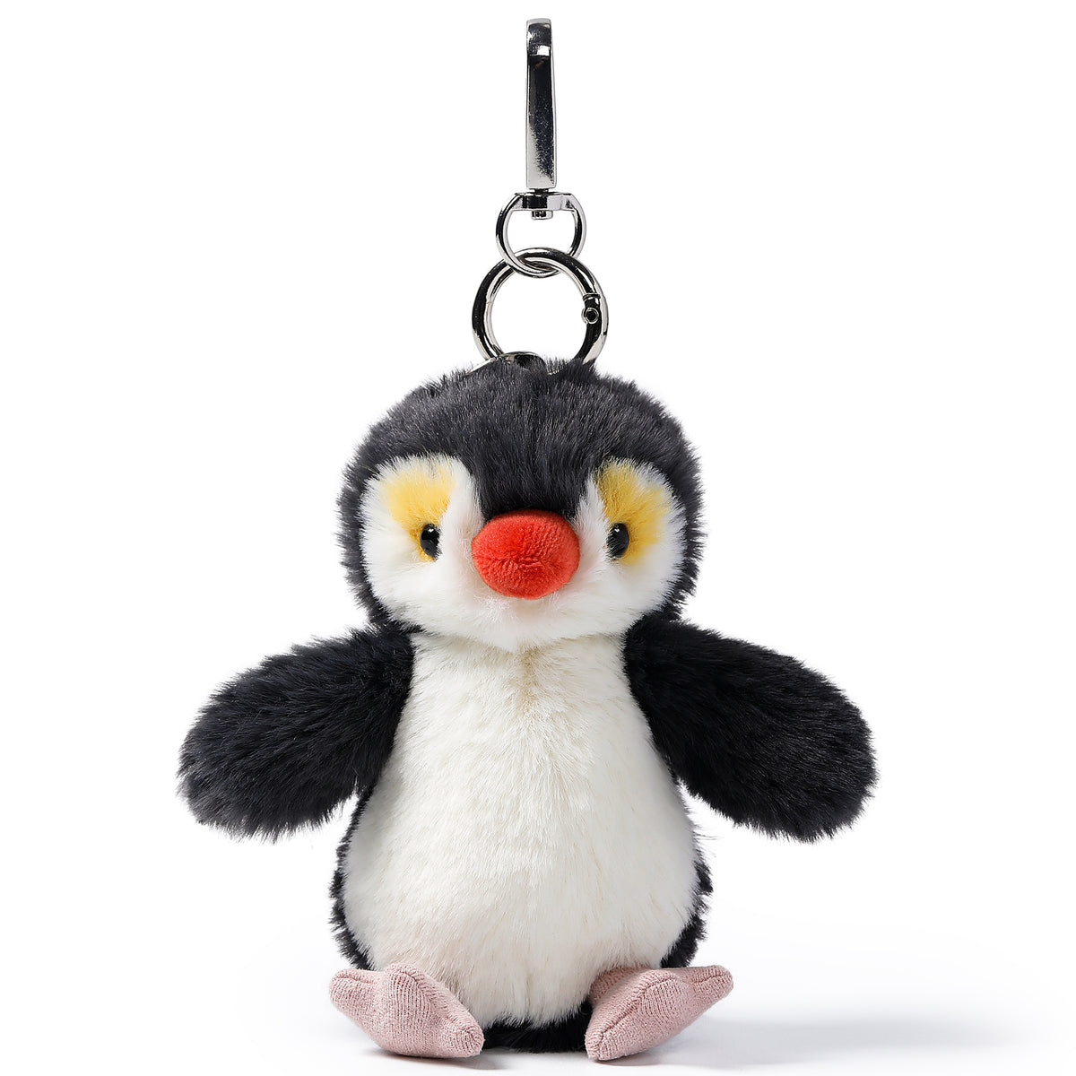 McHugs Macaroni Penguin Bag Charm Plush with black and white body, red nose, yellow eye patches, and pink feet, featu...