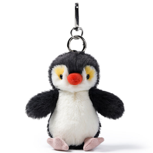 McHugs Macaroni Penguin Bag Charm Plush with black and white body, red nose, yellow eye patches, and pink feet, featu...