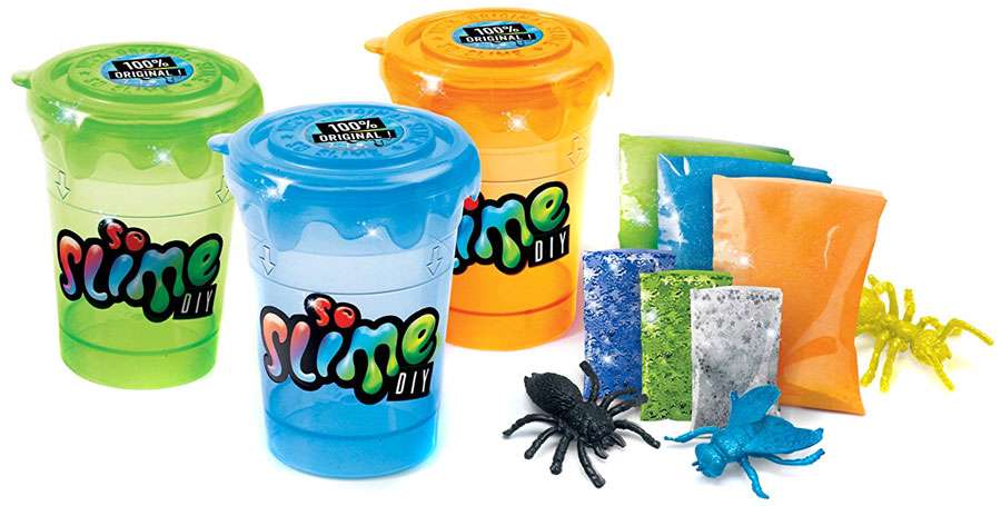 So Slime DIY Bold Colors Slime Shaker 3-Pack craft kit with three containers in green, blue, and yellow, plus colorful slime packets and black and yellow spider