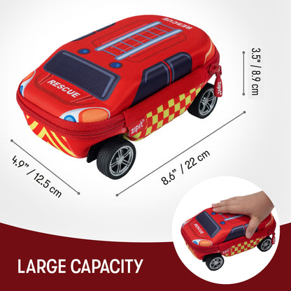 Red fire truck pencil case with spinning wheels, rescue graphics, and clamshell design
