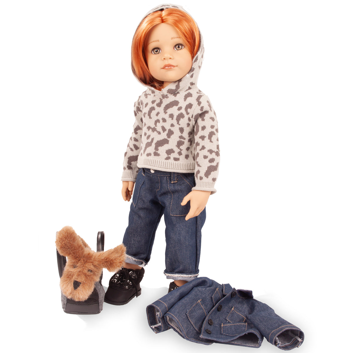 Gotz Hannah doll with orange hair wearing leopard print sweater and jeans, poseable with dog Polly