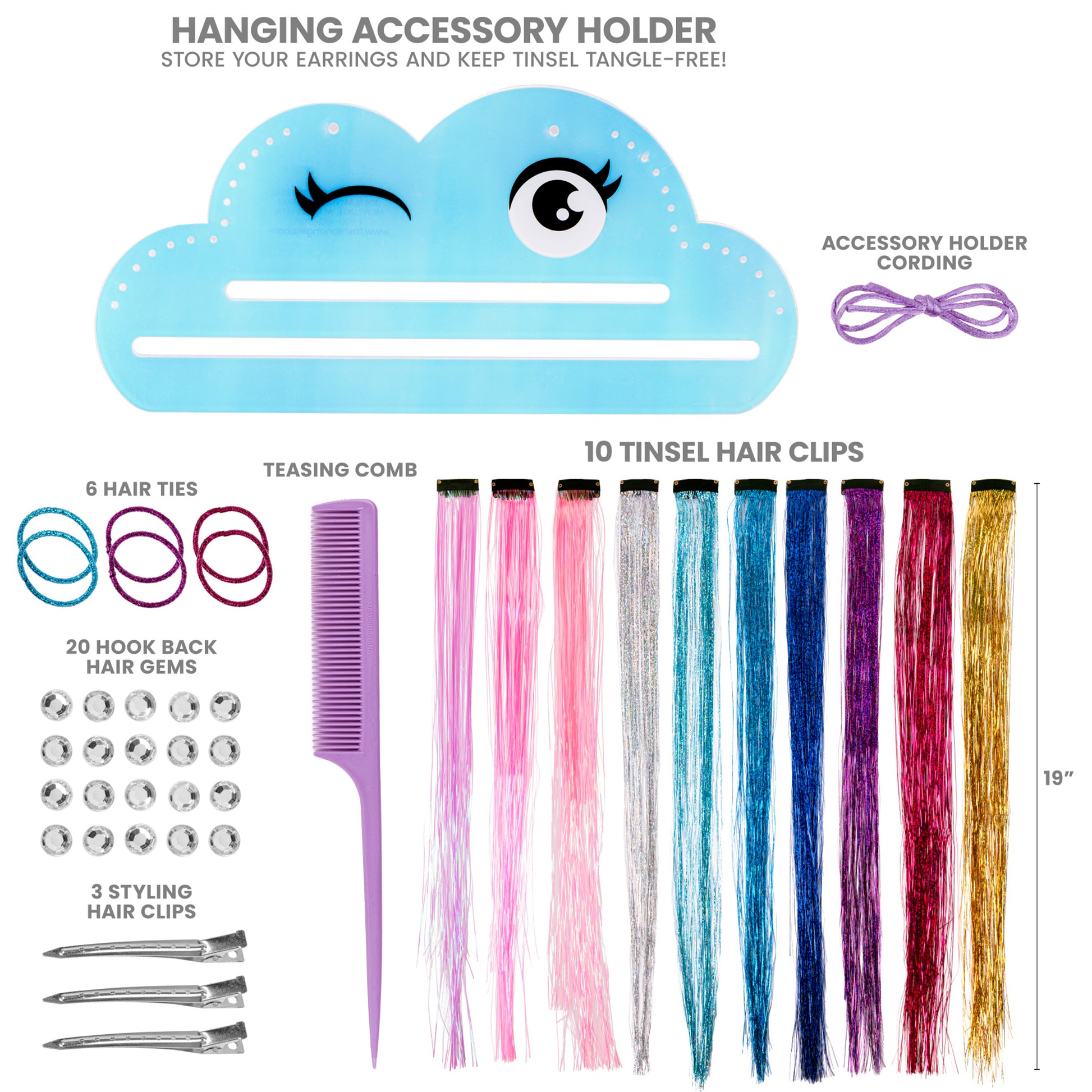 Shimmer & Style Tinsel Hair Styling Kit with cloud holder, 10 colorful hair clips, and accessories