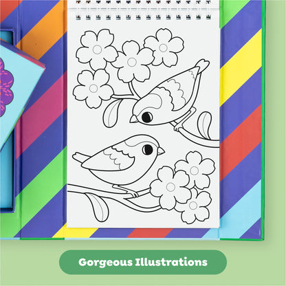Color Change Magic Marker Coloring Set: Garden Friends coloring booklet page with two birds and flowers outline illus...