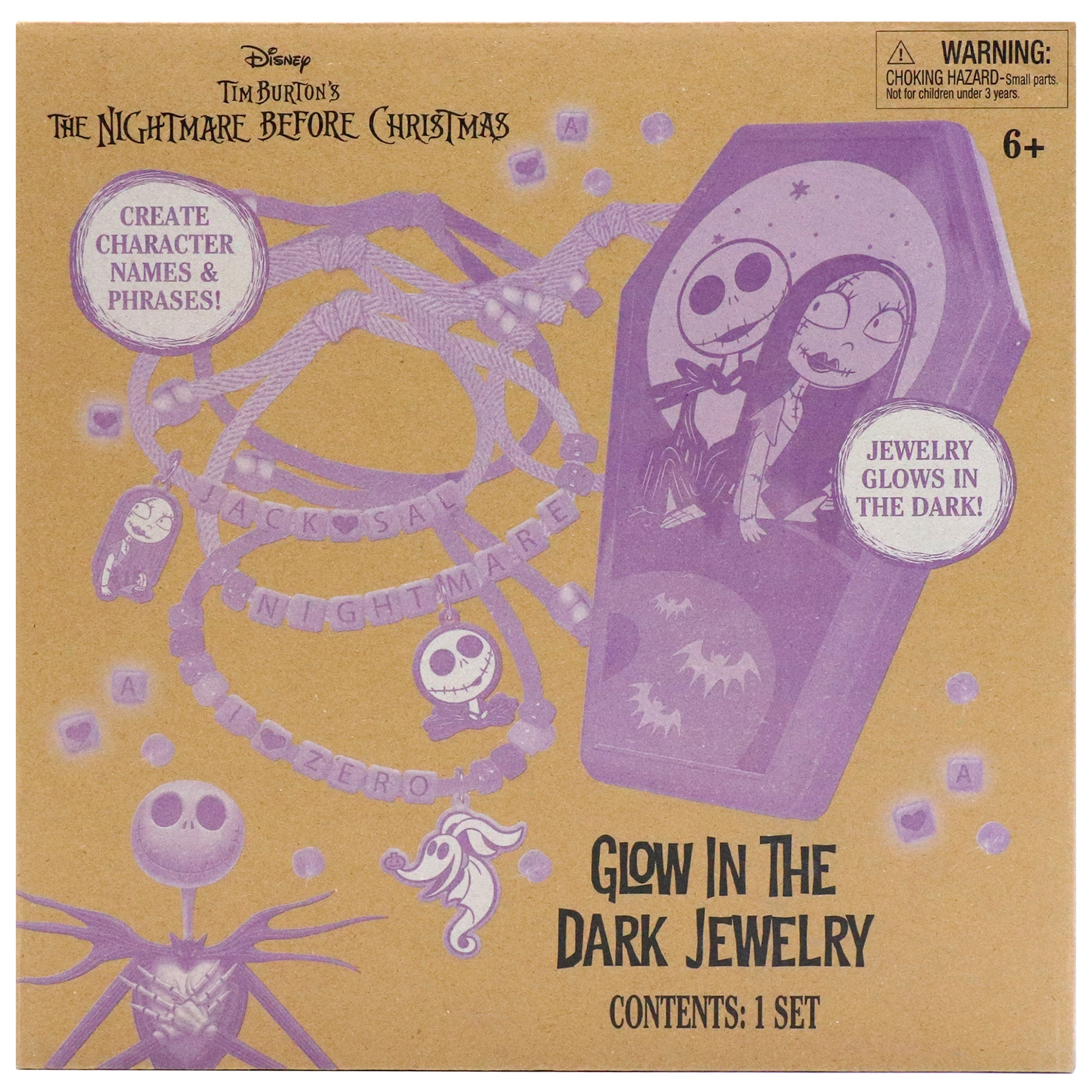 Nightmare Before Christmas Glow-In-The-Dark Jewelry Activity Set with purple coffin box and character bracelets