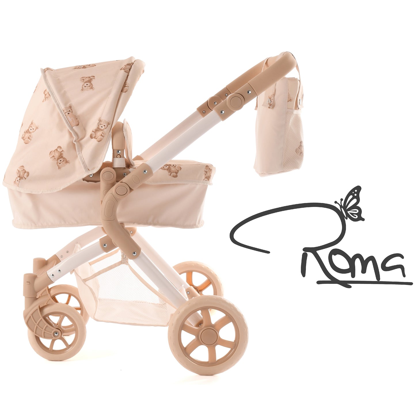 Roma Teddy Single Doll Pram in cream with teddy bear pattern, includes bottle holder