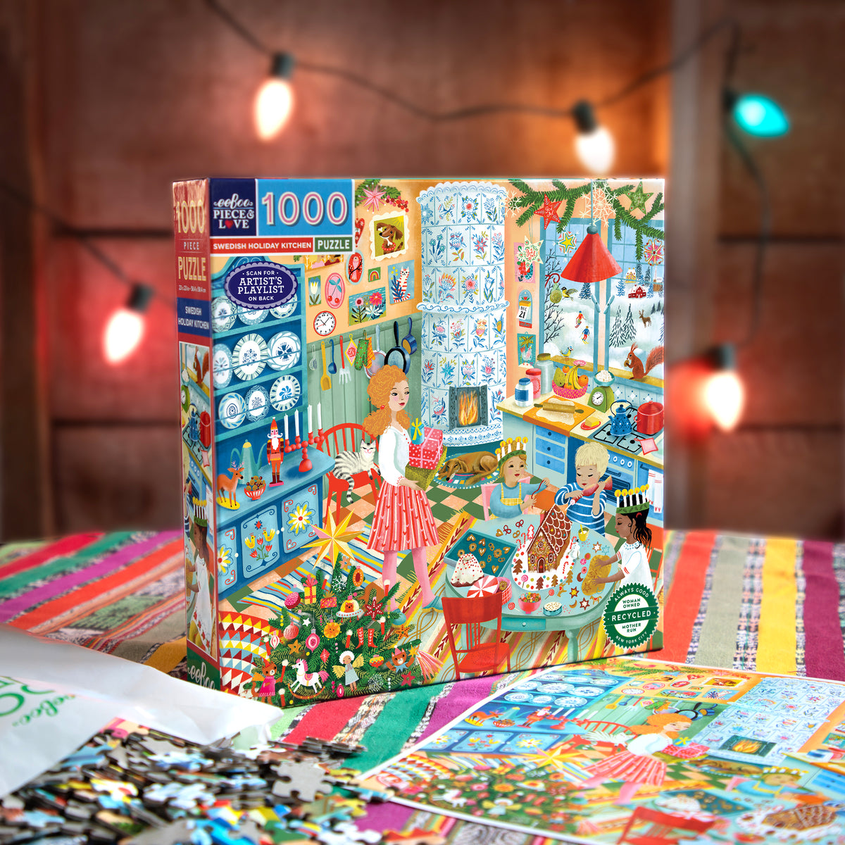 eeBoo Swedish Holiday Kitchen 1000 Piece Puzzle box featuring colorful Scandinavian kitchen scene with woman and chil...