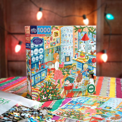 eeBoo Swedish Holiday Kitchen 1000 Piece Puzzle box featuring colorful Scandinavian kitchen scene with woman and chil...
