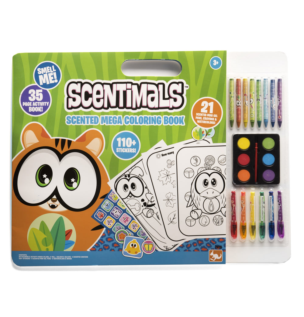 Scentimals Scented Mega Coloring Book set with orange owl character, 35-page activity book, 21 scented gel pens, watercolor paints, and 110+ stickers