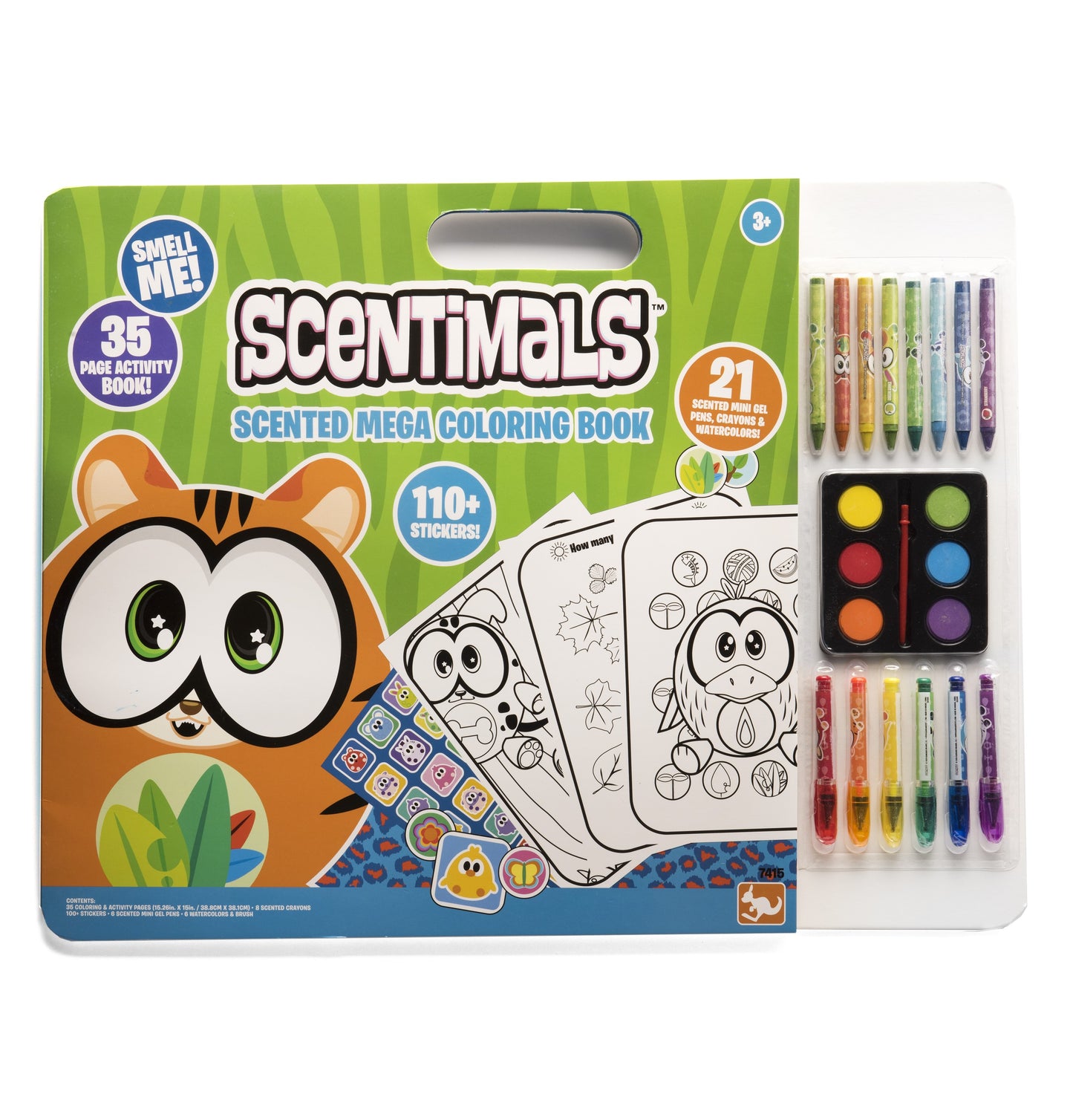Scentimals Scented Mega Coloring Book set with orange owl character, 35-page activity book, 21 scented gel pens, watercolor paints, and 110+ stickers