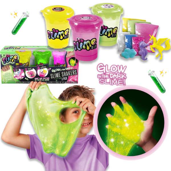 Glow-in-the-dark slime kit with three containers in yellow, pink, and green; includes slime shakers, toy figures, and accessories; modeled by a child stretching
