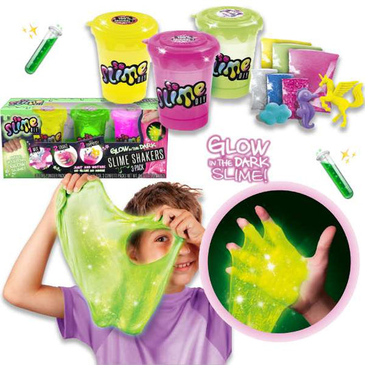 Glow-in-the-dark slime kit with three containers in yellow, pink, and green; includes slime shakers, toy figures, and accessories; modeled by a child stretching