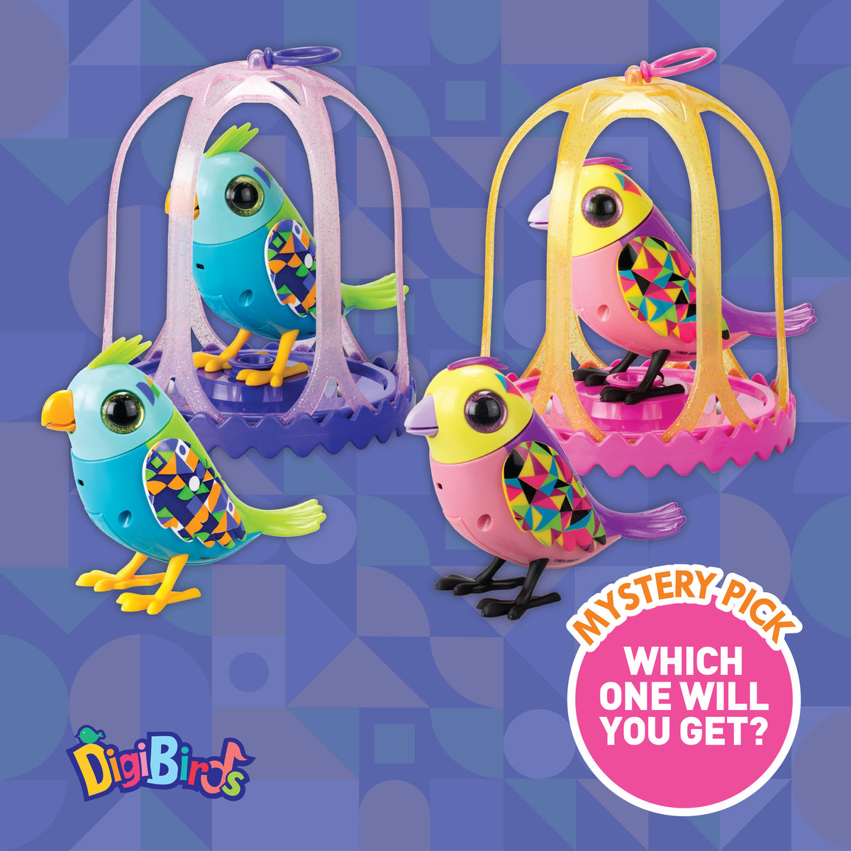 DigiBirds Interactive Singing Bird & Cage set showing colorful birds in vibrant cages with geometric feather patterns