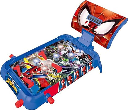 Spider-Man themed electronic pinball machine with blue base, red flippers, and red mask-shaped backboard featuring character graphics
