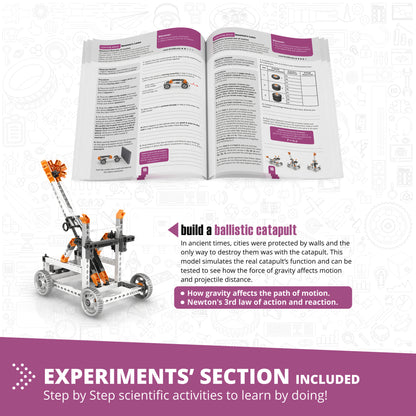 Engino Newton's Laws STEM building set with orange and black ballistic catapult model