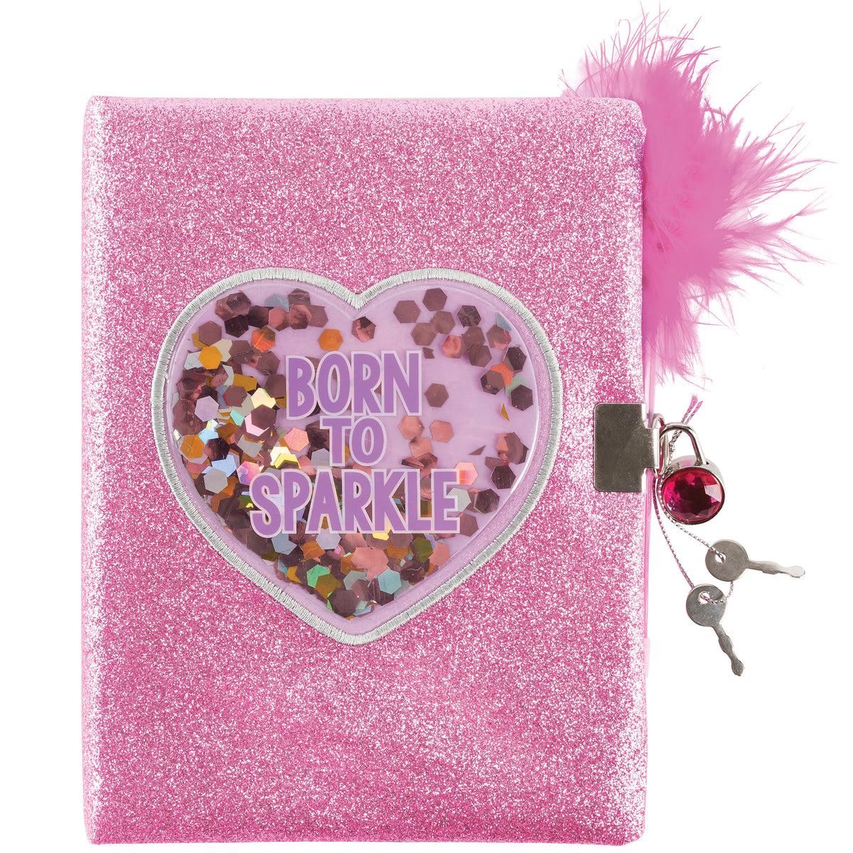 Born To Sparkle pink glitter locking journal with heart-shaped sequin window and feather pen