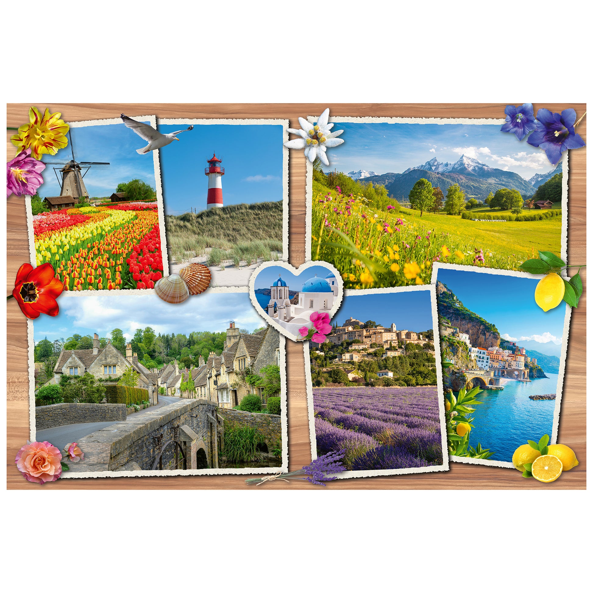 TEAMPUZZLE Dream Destinations 194pc puzzle featuring colorful European landscapes and flowers on wooden background