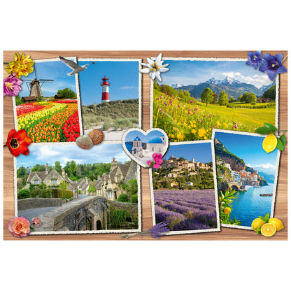 TEAMPUZZLE Dream Destinations 194pc puzzle featuring colorful European landscapes and flowers on wooden background