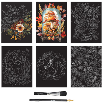 Scratch Art Paper Pad - Autumn Equinox with 6 designs and 2 scratch tools