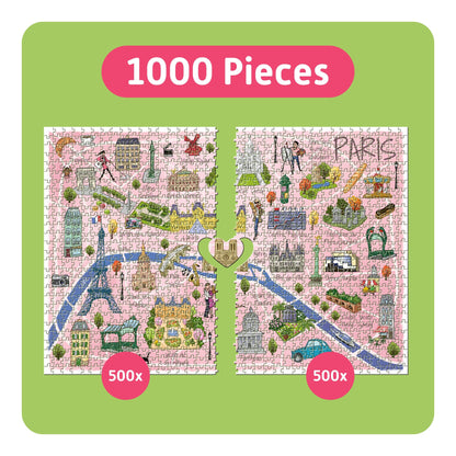 TEAMPUZZLE Paris 1000 piece jigsaw puzzle with two 500 piece sections showing illustrated map