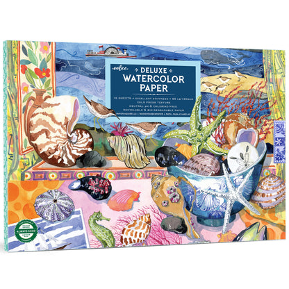 eeBoo Deluxe Watercolor Paper pad with 16 sheets featuring colorful ocean and seashell illustrations
