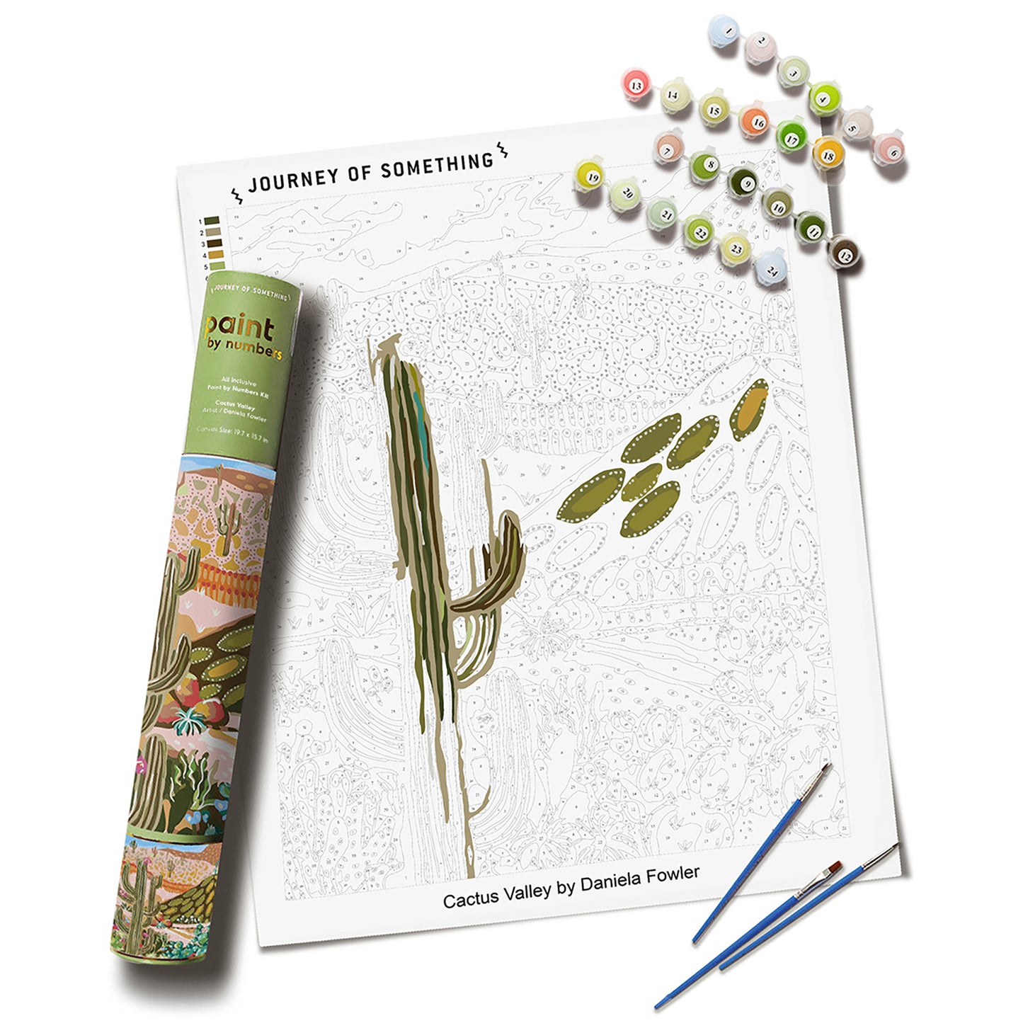 Journey of Something Paint By Numbers Cactus Valley kit with numbered paint pots and brushes