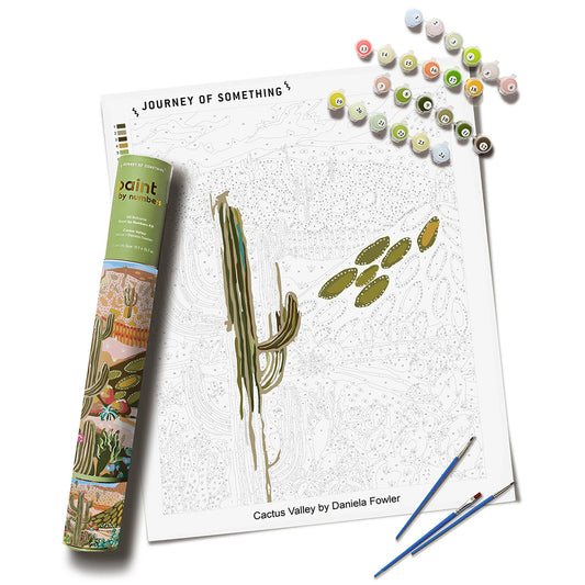 Journey of Something Paint By Numbers Cactus Valley kit with numbered paint pots and brushes