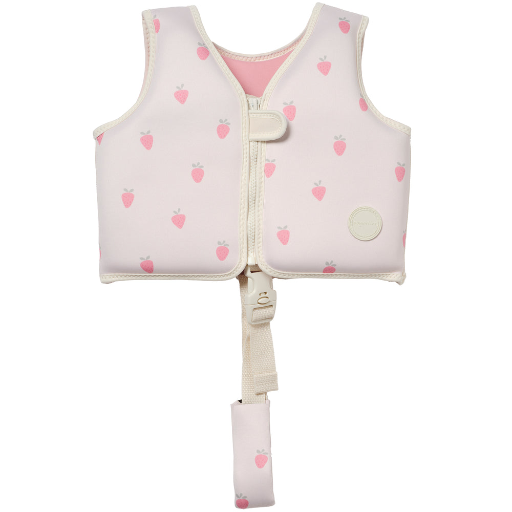 Sunnylife Kids Swim Vest in pink strawberry print with safety strap