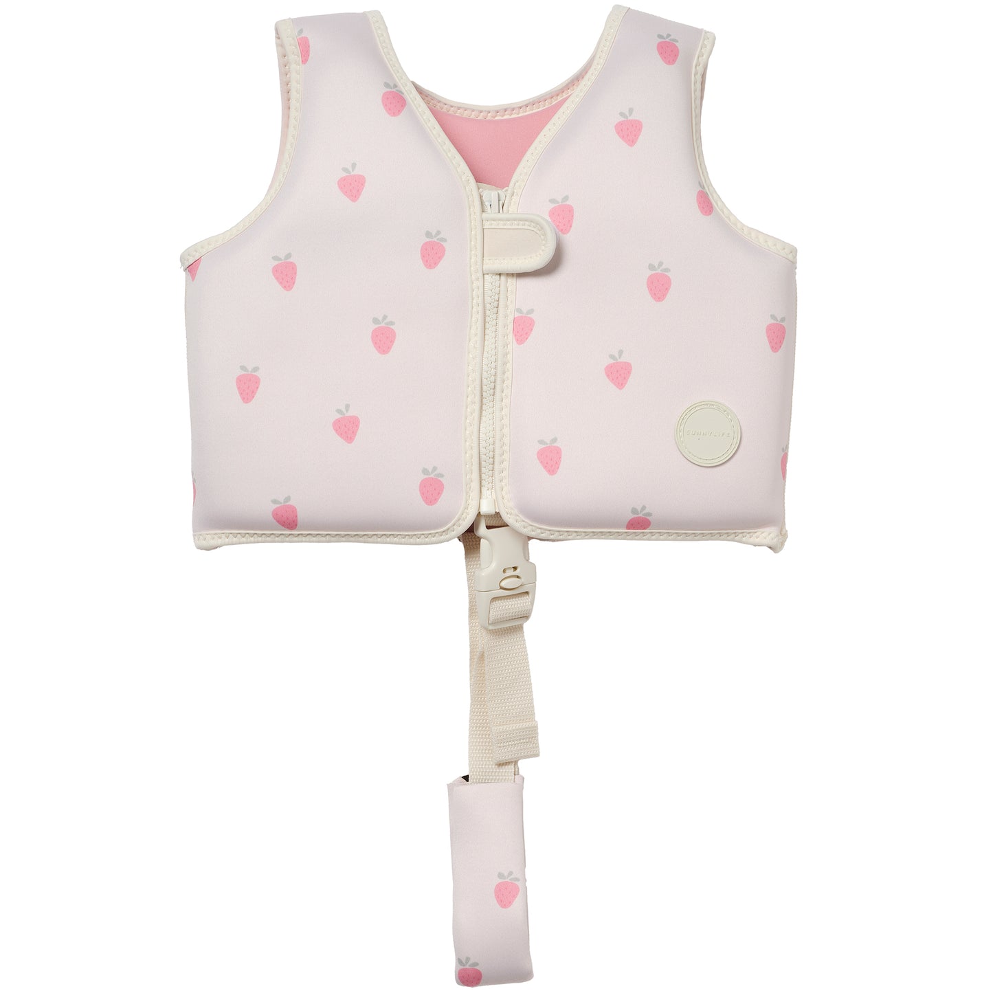 Sunnylife Kids Swim Vest in pink strawberry print with safety strap