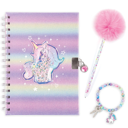 Unicorn Locking Journal Set with pink pom pom pen, beaded bracelet, and spiral notebook